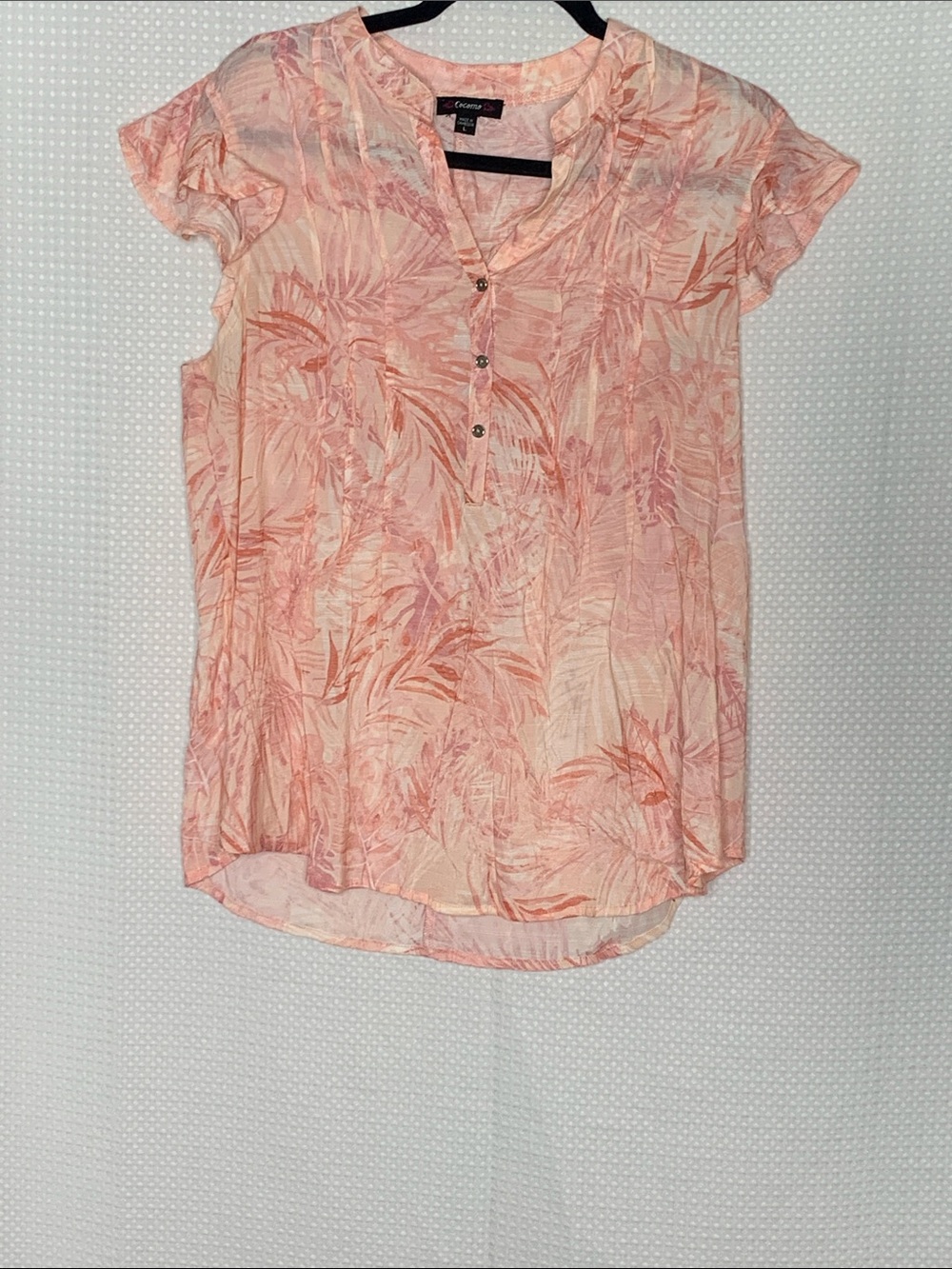 Cocomo Peach-Pink Leaf Print Tropical Short Sleeve Blouse large